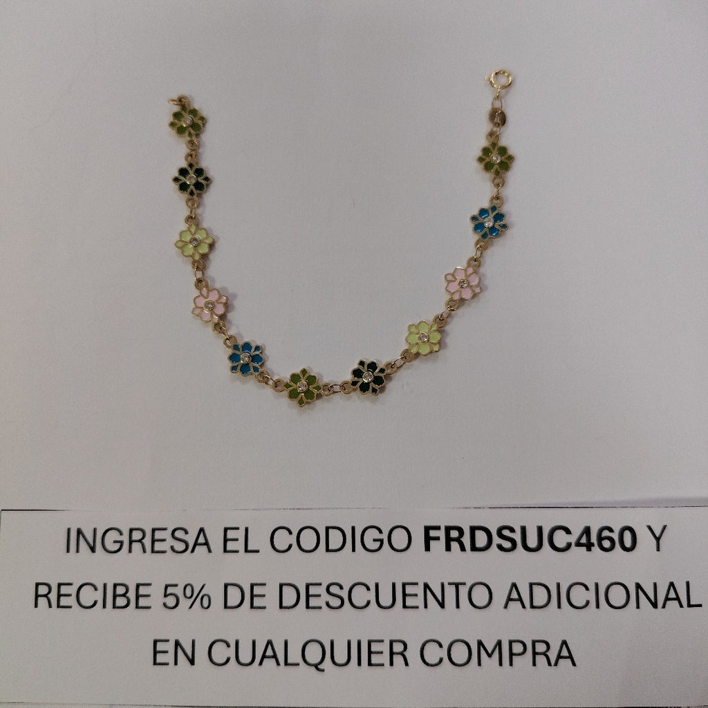 PULSERA ESPECIAL FLORES CON ESMALTE 14K 18 CM 4.5 GR (NUEVO)