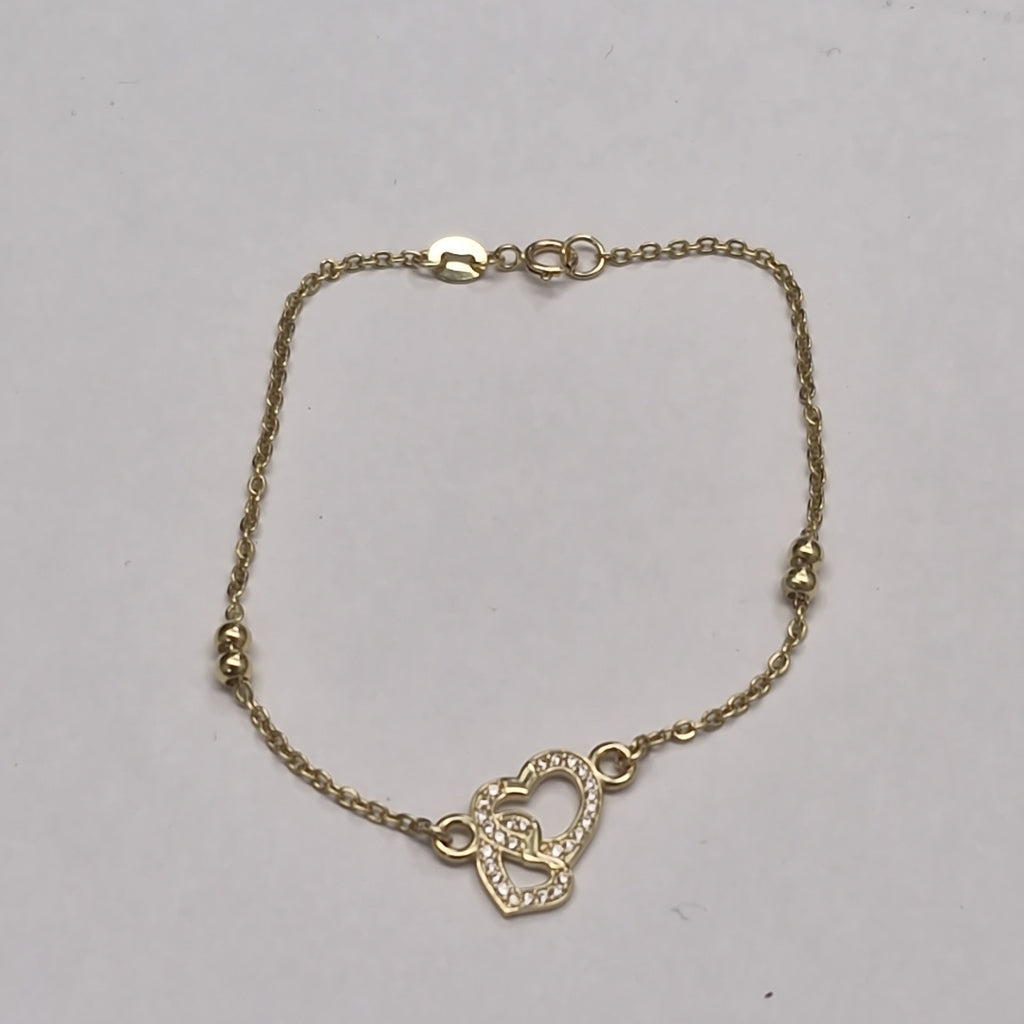 PULSERA TEJIDO ESPECIAL CORAZONES CON CIRCONIAS 14K 18 CM 2.4 GR (NUEVO)