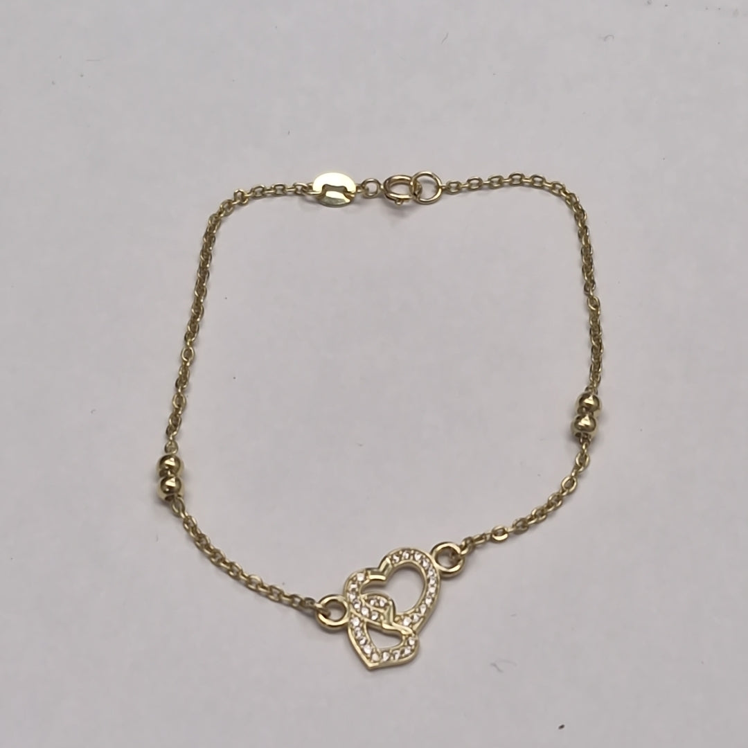 PULSERA TEJIDO ESPECIAL CORAZONES CON CIRCONIAS 14K 18 CM 2.4 GR (NUEVO)