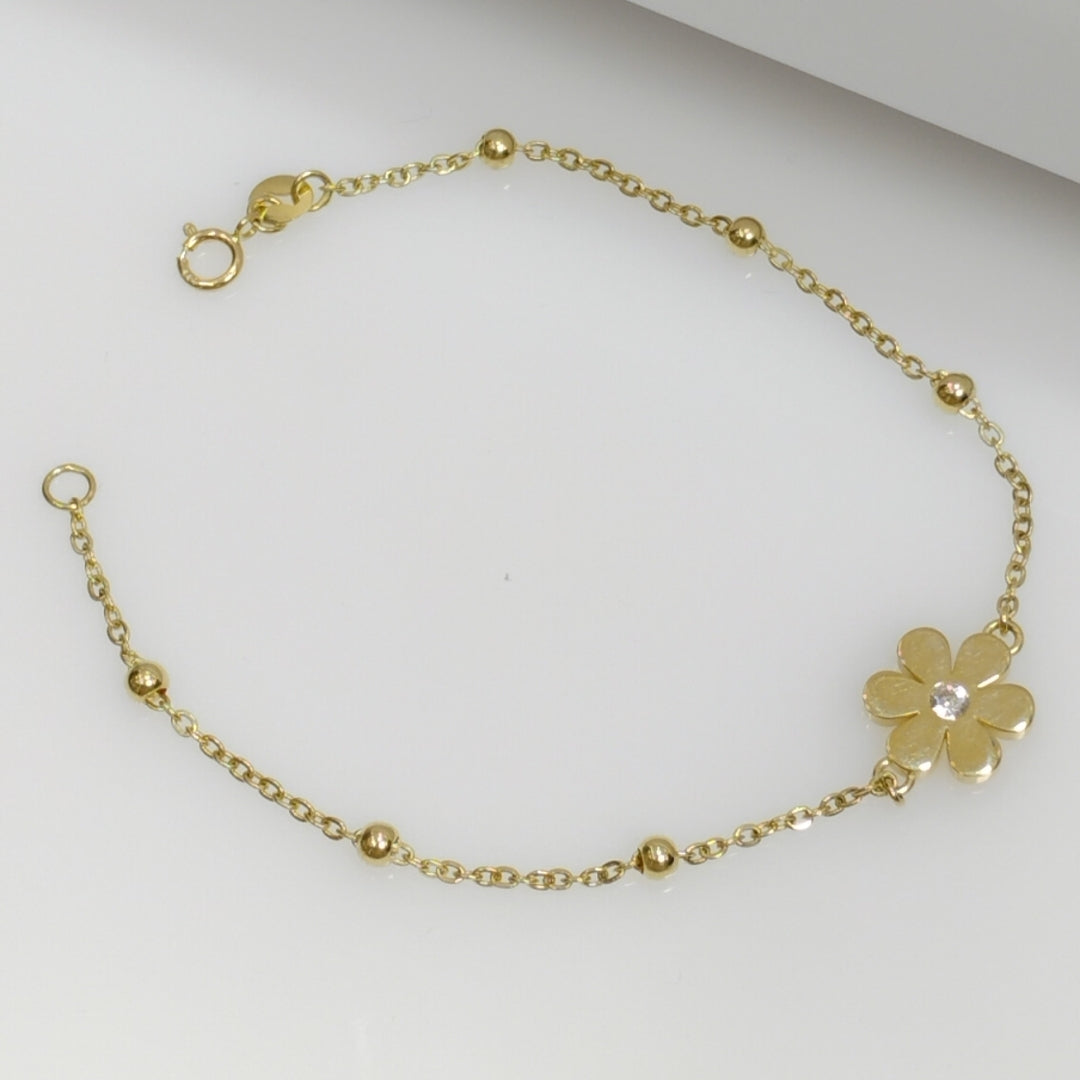 PULSERA TEJIDO ESPECIAL FLOR CON CIRCONIA 14K 18 CM 2.5 GR (NUEVO)