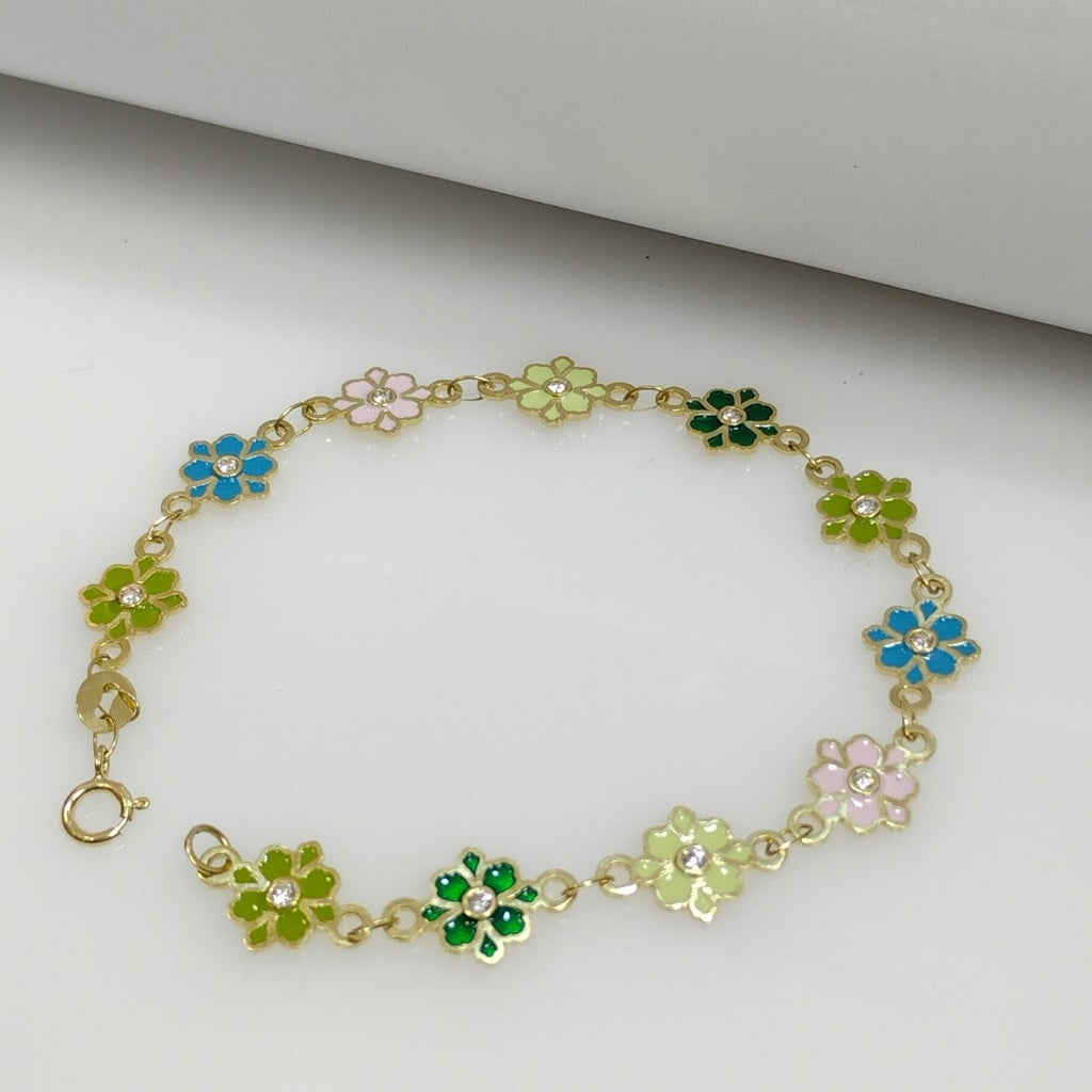 PULSERA ESPECIAL FLORES CON ESMALTE 14K 18 CM 4.5 GR (NUEVO)