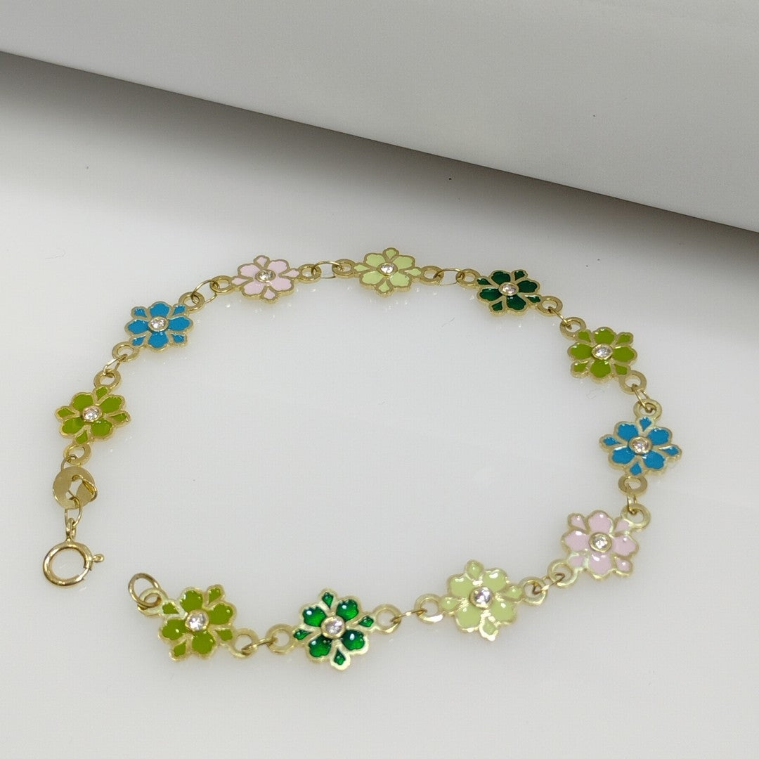 PULSERA ESPECIAL FLORES CON ESMALTE 14K 18 CM 4.5 GR (NUEVO)