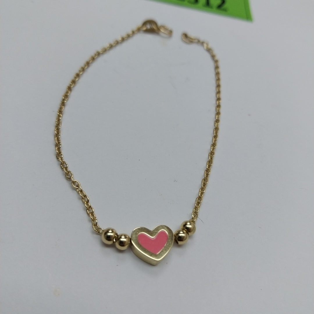 PULSERA TEJIDO ESPECIAL CON FIGURA CORAZON CON ESMALTE ROSA 14K 18 CM 2 GR (NUEVO)