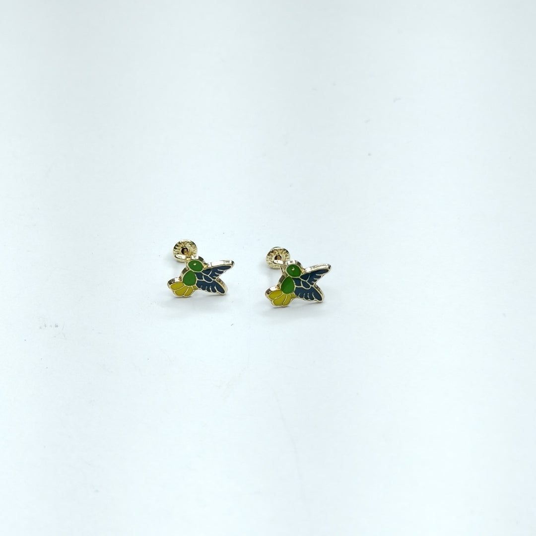 BROQUELES BROQUEL FIG COLIBRI ESMALTE VERDE 14K 0.2138 GR (NUEVO)