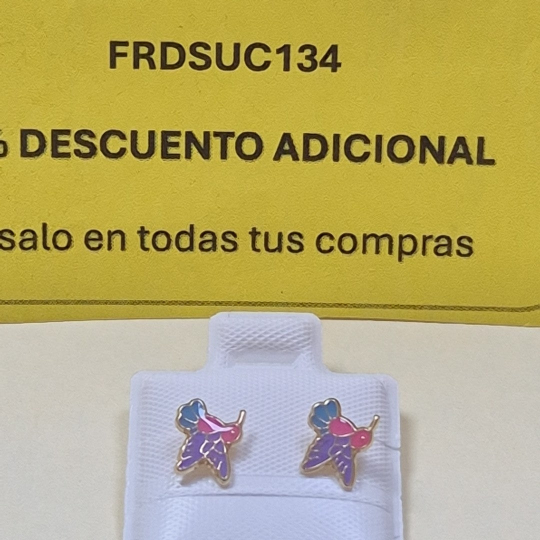 BROQUELES BROQUEL FIG COLIBRI ESMALTE ROSA 14K 0.2138 GR (NUEVO)