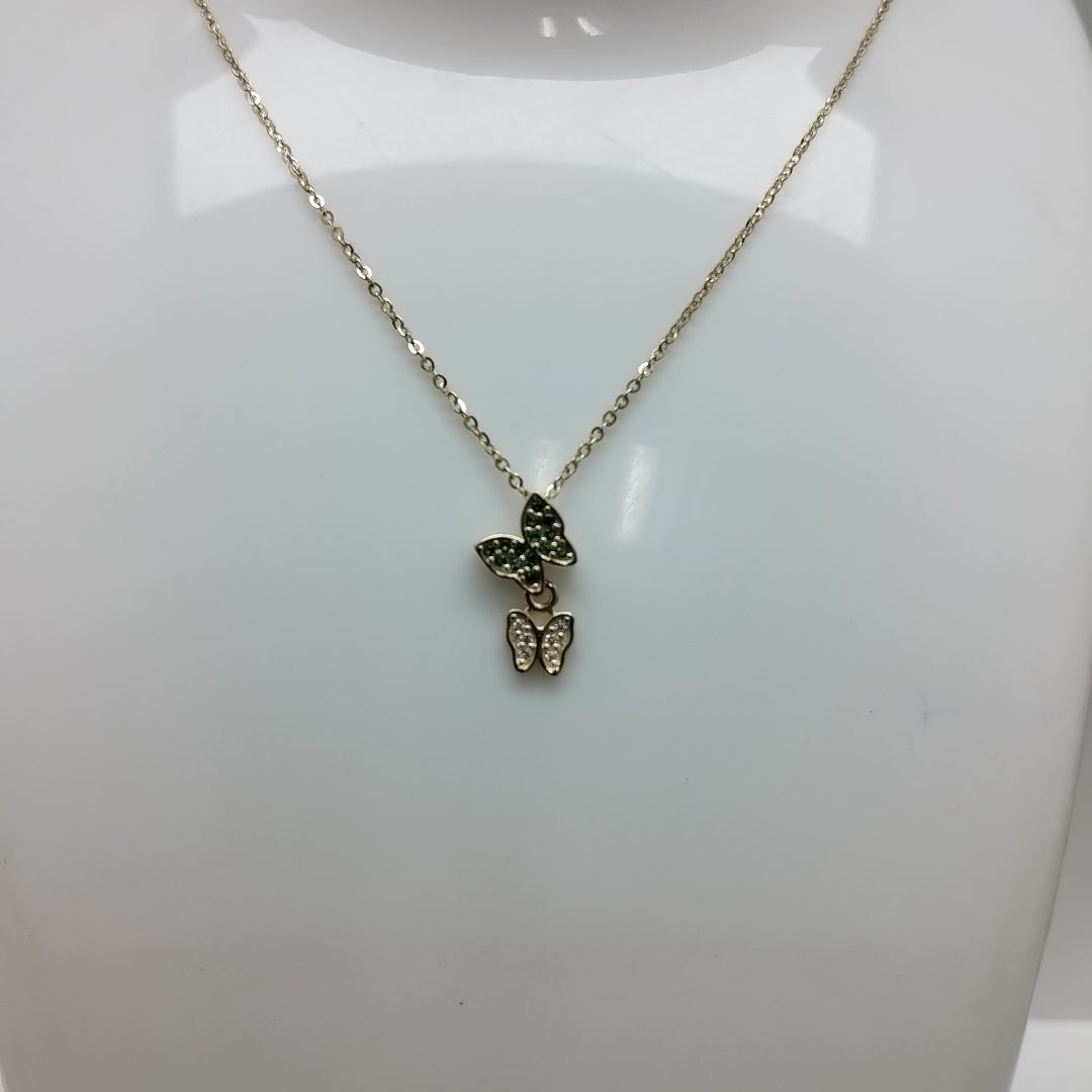 CADENA TEJIDO GARGANTILLA CON DIJE MARIPOSAS CIRCONIAS Y PIEDRAS DE COLOR 14K 45 CM 2 GR (NUEVO)