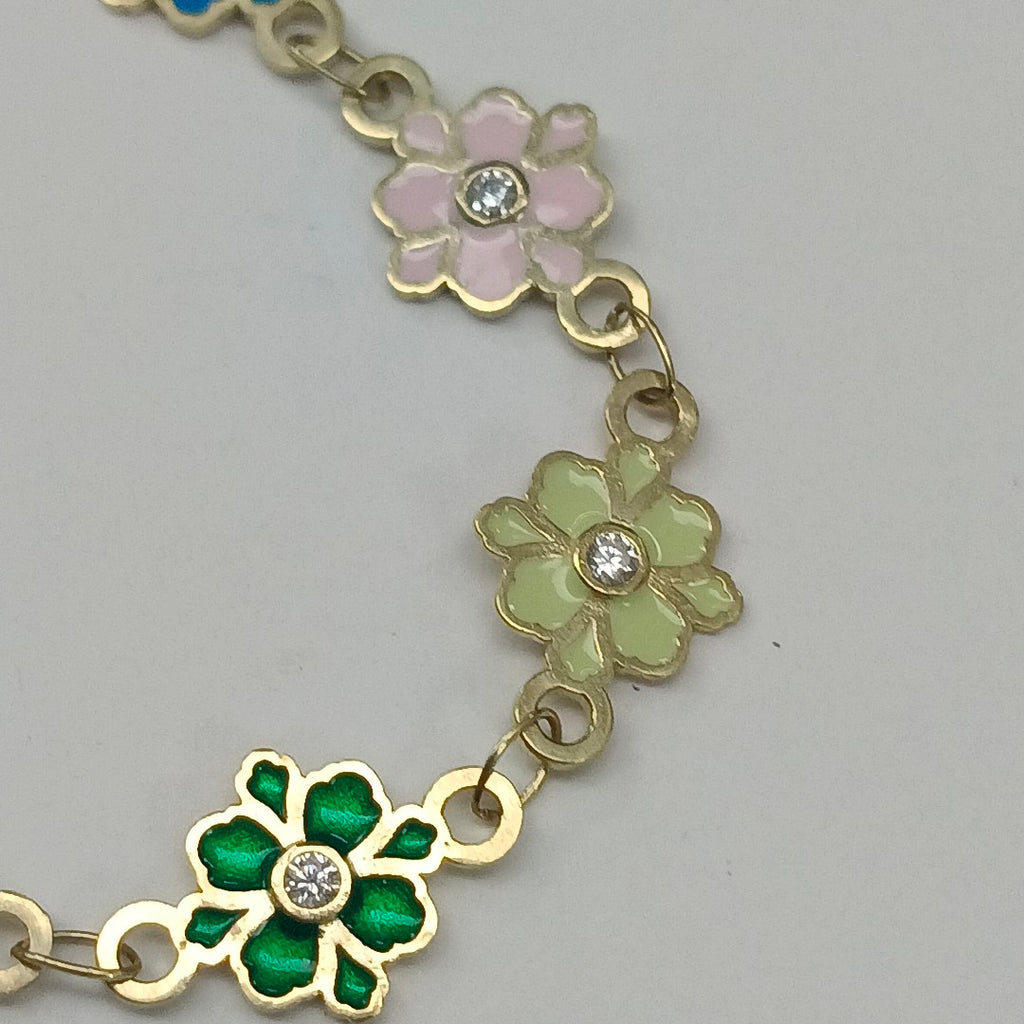 PULSERA ESPECIAL FLORES CON ESMALTE 14K 18 CM 4.5 GR (NUEVO)