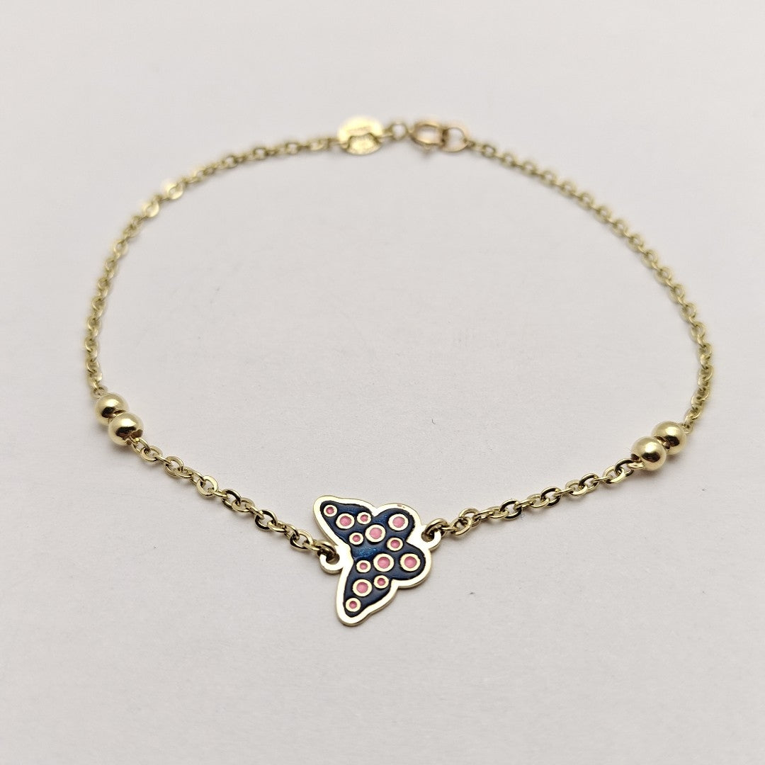 PULSERA TEJIDO ESPECIAL MARIPOSA CON ESMALTE 14K 18 CM 1.8 GR (NUEVO)