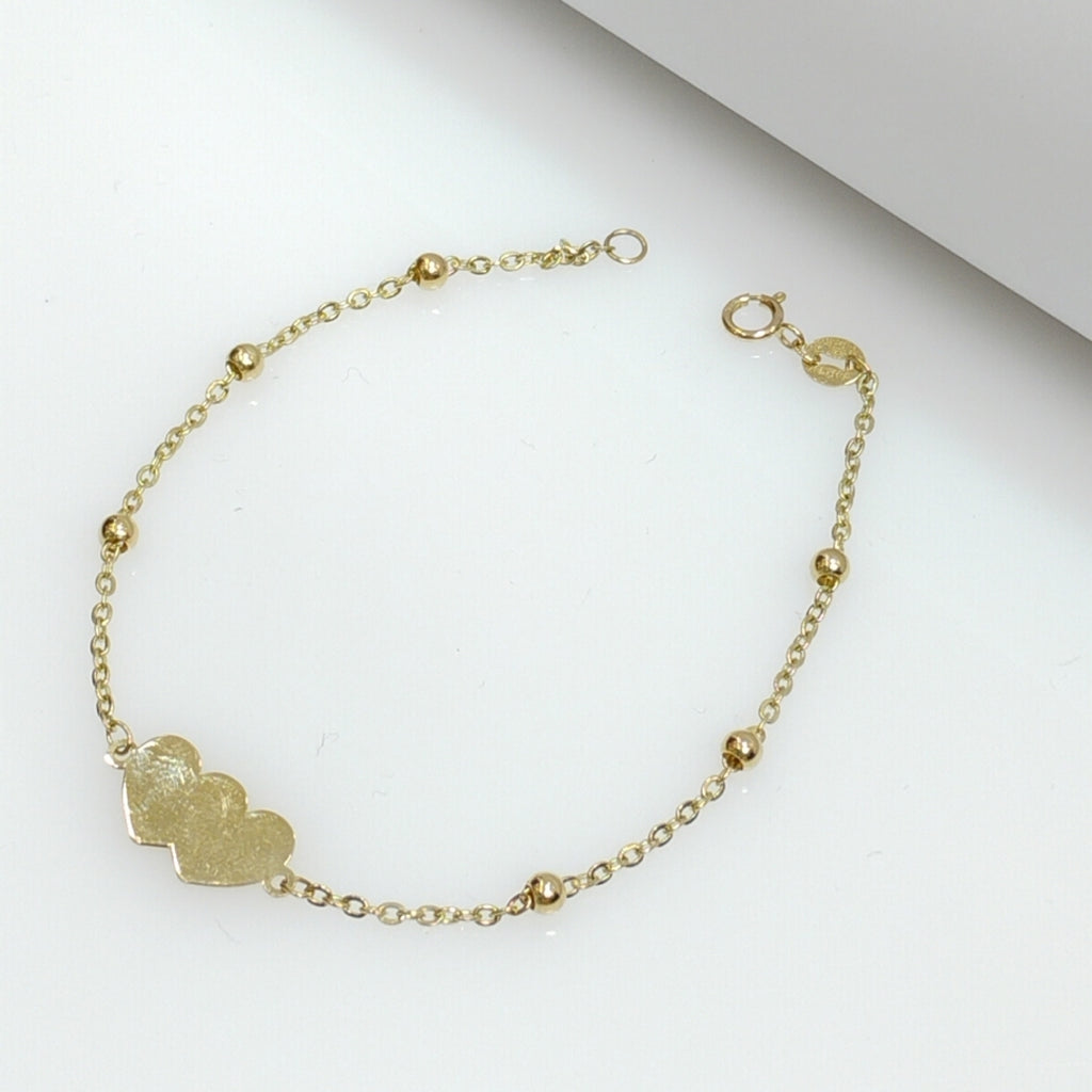 PULSERA TEJIDO ESPECIAL CON DOS CORAZONES 14K 18 CM 1.7 GR (NUEVO)