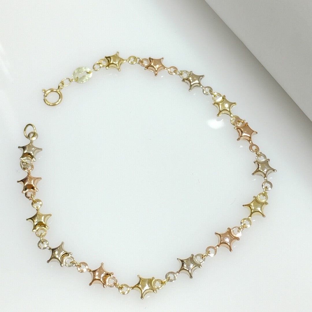PULSERA TEJIDO ESPECIAL ESTRELLAS COMBINADAS 14K 18 CM 2.3 GR (NUEVO)