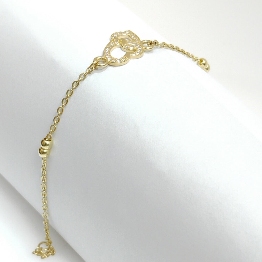 PULSERA TEJIDO ESPECIAL CORAZONES CON CIRCONIAS 14K 18 CM 2.4 GR (NUEVO)