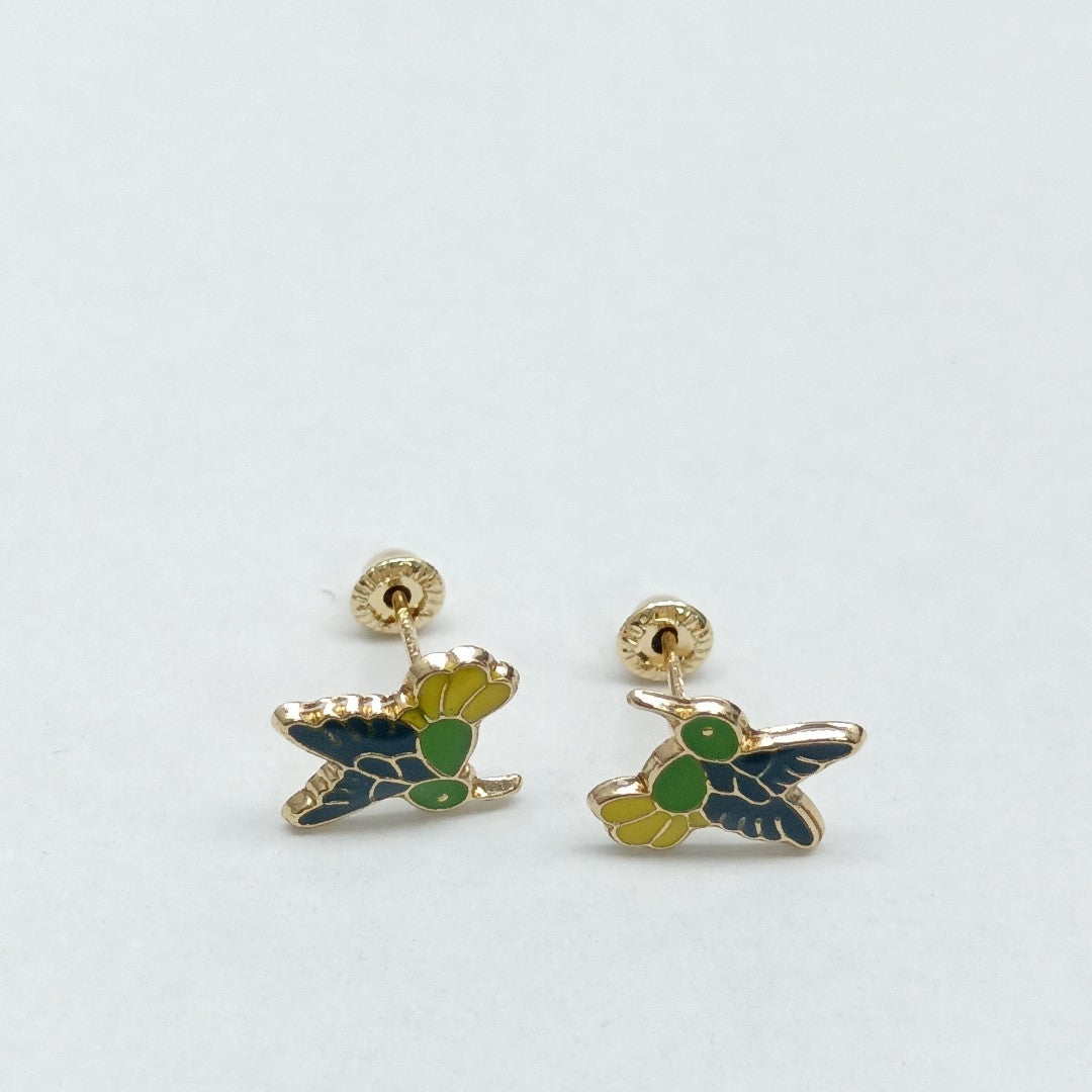 BROQUELES BROQUEL FIG COLIBRI ESMALTE VERDE 14K 0.2138 GR (NUEVO)