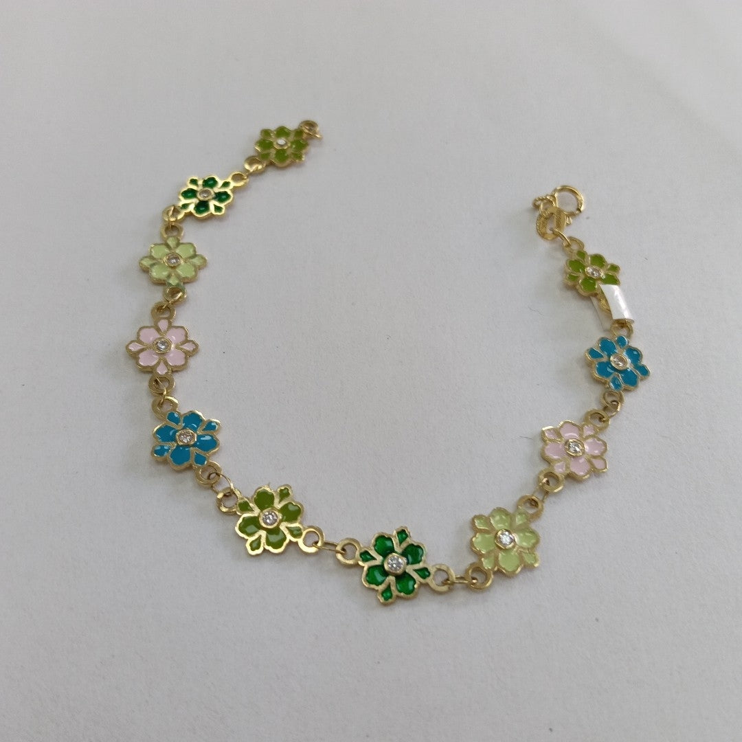 PULSERA ESPECIAL FLORES CON ESMALTE 14K 18 CM 4.5 GR (NUEVO)
