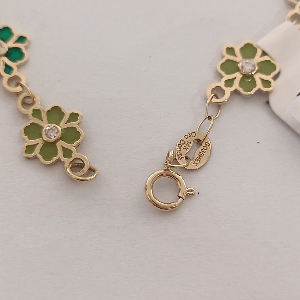 PULSERA ESPECIAL FLORES CON ESMALTE 14K 18 CM 4.6 GR (NUEVO)