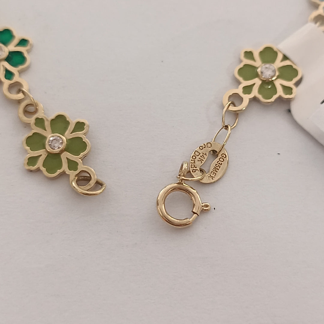 PULSERA ESPECIAL FLORES CON ESMALTE 14K 18 CM 4.6 GR (NUEVO)