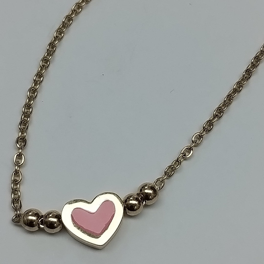 PULSERA TEJIDO ESPECIAL CON FIGURA CORAZON CON ESMALTE ROSA 14K 18 CM 2 GR (NUEVO)