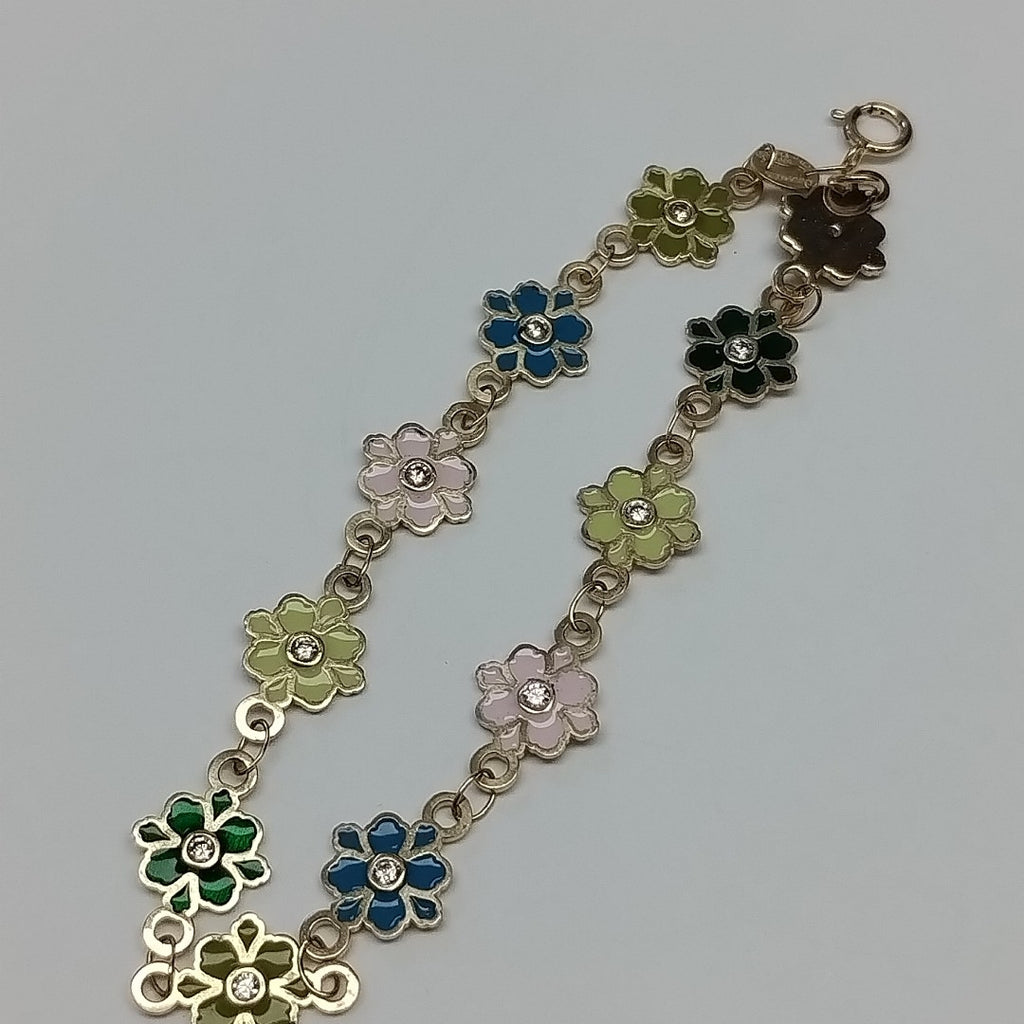 PULSERA ESPECIAL FLORES CON ESMALTE 14K 18 CM 4.7 GR (NUEVO)