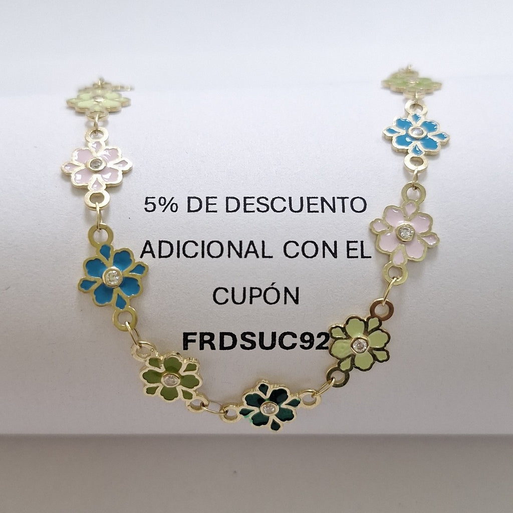 PULSERA ESPECIAL FLORES CON ESMALTE 14K 18 CM 4.5 GR (NUEVO)