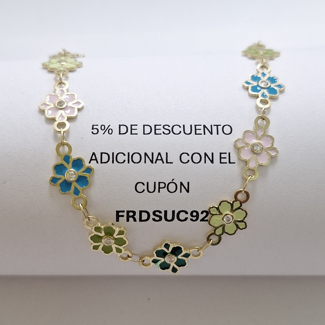 PULSERA ESPECIAL FLORES CON ESMALTE 14K 18 CM 4.5 GR (NUEVO)