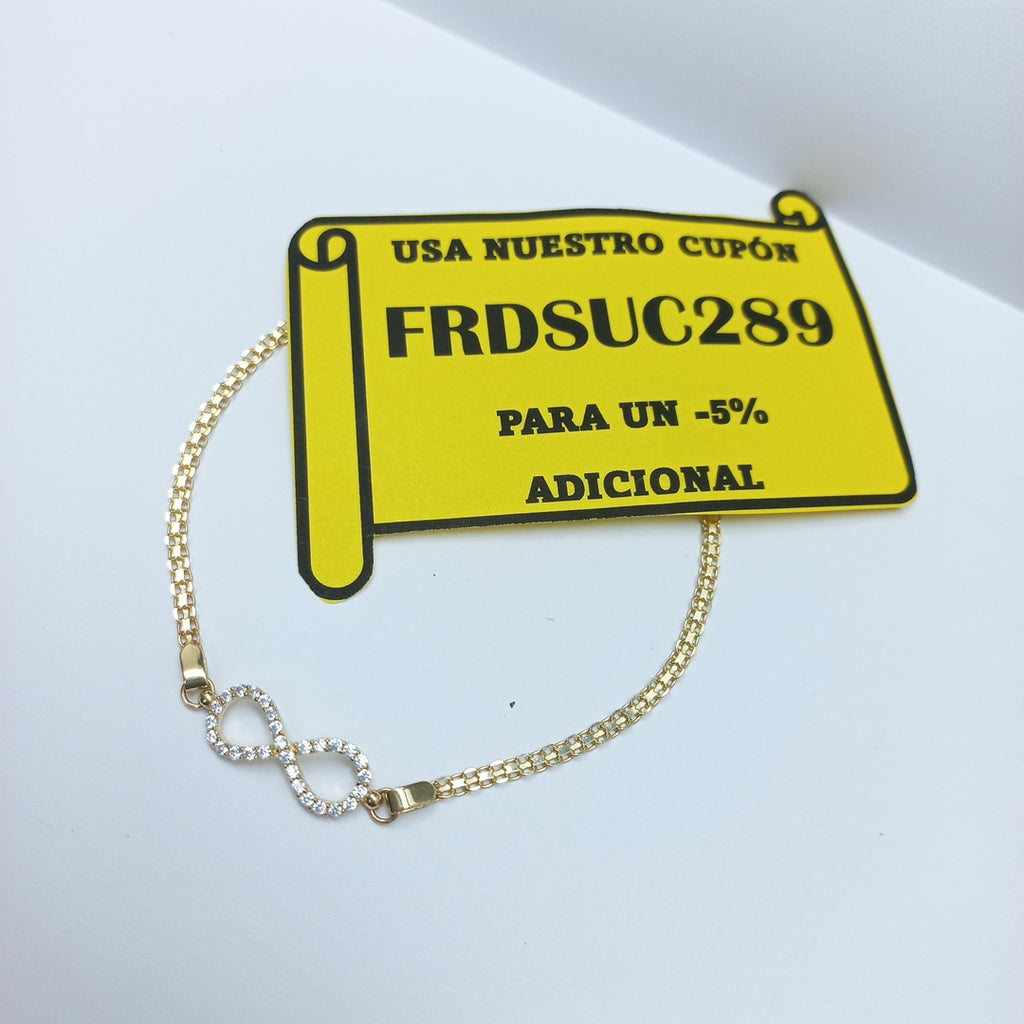 PULSERA TEJIDO ESPECIAL CON INFINITO Y CIRCONIAS 14K 18 CM 3.3 GR (NUEVO)