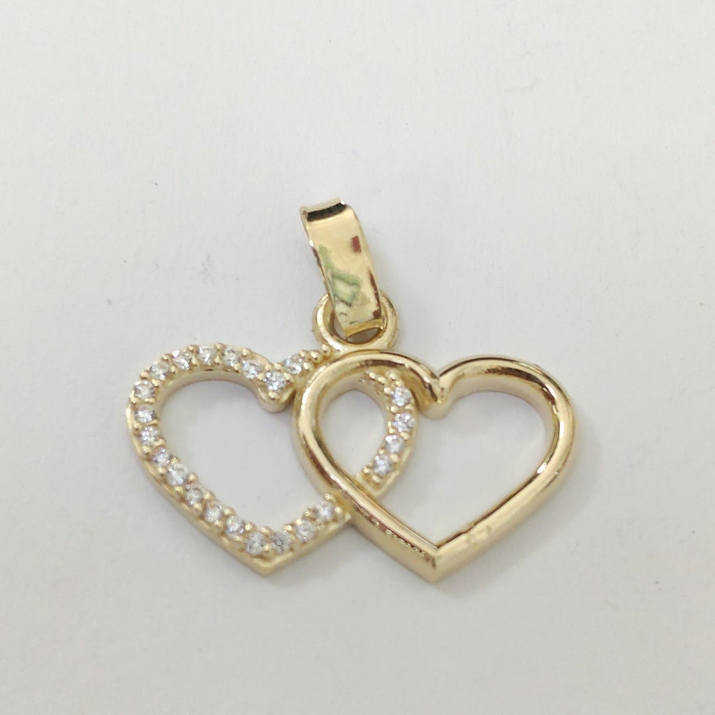 DIJE TEJIDO DOS CORAZONES CON CIRCONIAS 14K 1.5 GR (NUEVO)