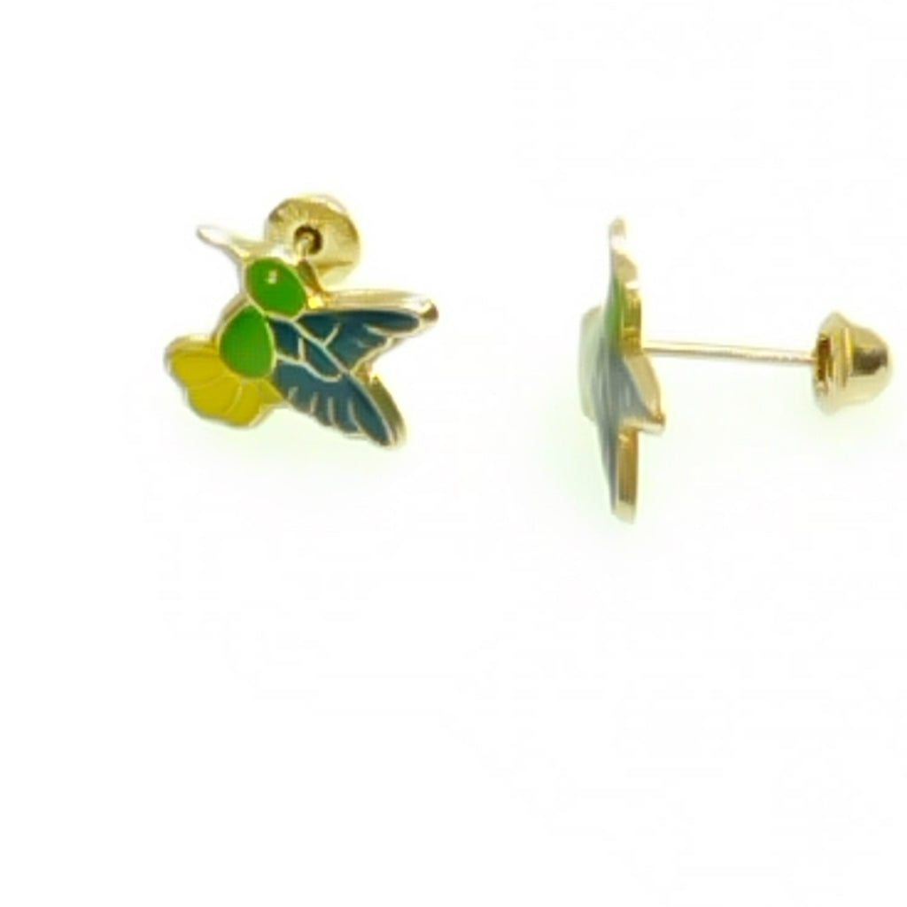 BROQUELES BROQUEL FIG COLIBRI ESMALTE VERDE 14K 0.2138 GR (NUEVO)