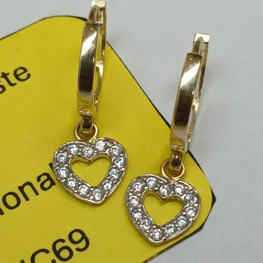 ARETES HUGGIES CON DIJE CORAZON Y CIRCONIAS 14K 2 GR (NUEVO)