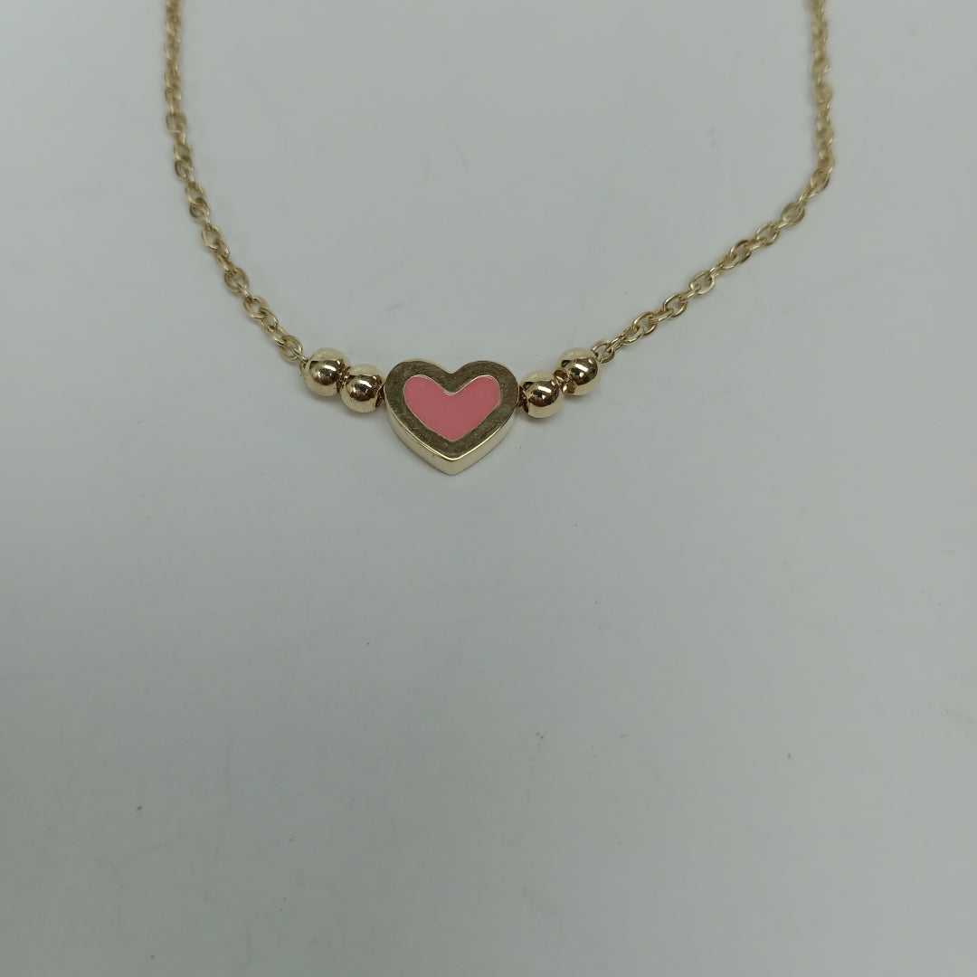 PULSERA TEJIDO ESPECIAL CON FIGURA CORAZON CON ESMALTE ROSA 14K 18 CM 2 GR (NUEVO)