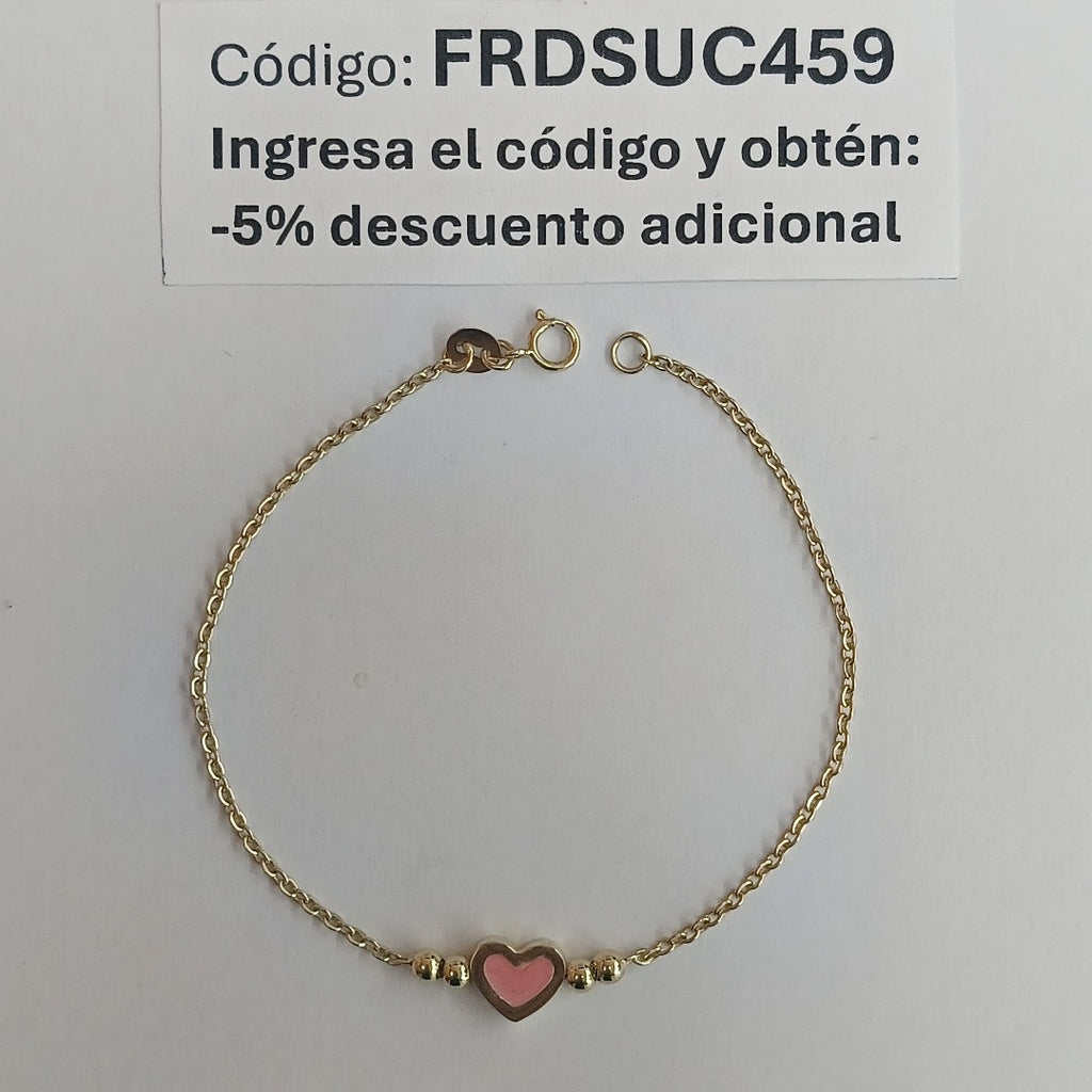 PULSERA TEJIDO ESPECIAL CON FIGURA CORAZON CON ESMALTE ROSA 14K 18 CM 1.9 GR (NUEVO)