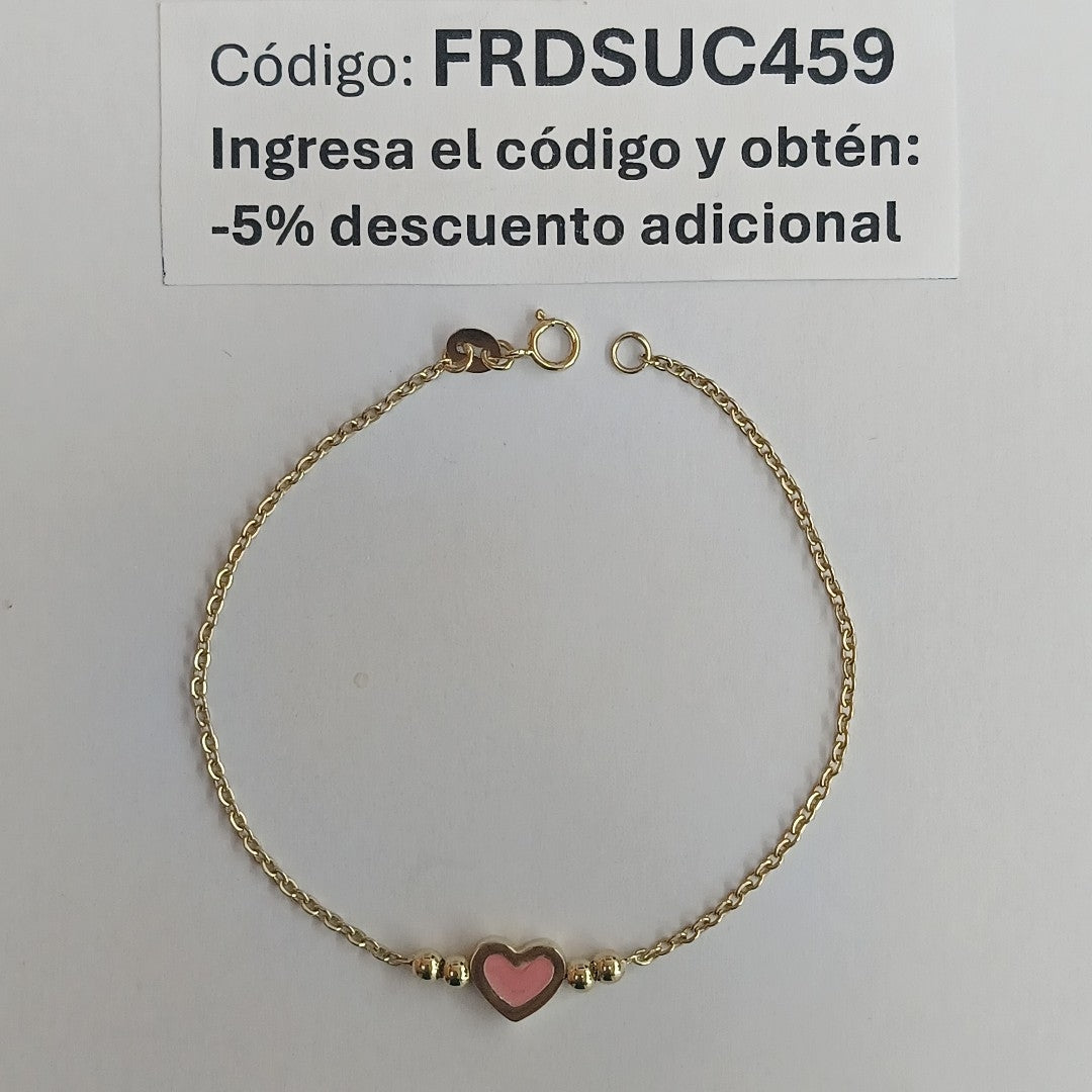 PULSERA TEJIDO ESPECIAL CON FIGURA CORAZON CON ESMALTE ROSA 14K 18 CM 1.9 GR (NUEVO)