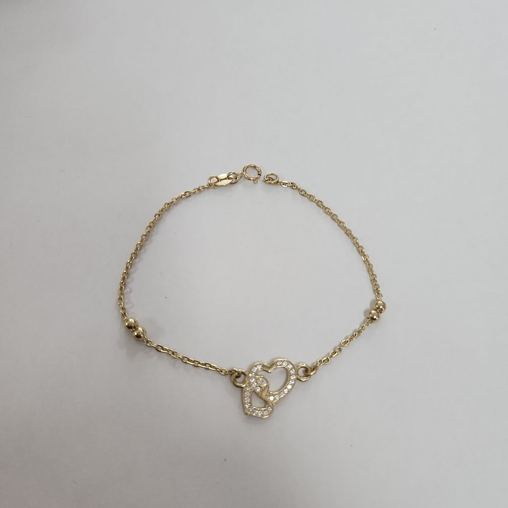 PULSERA TEJIDO ESPECIAL CORAZONES CON CIRCONIAS 14K 18 CM 2.4 GR (NUEVO)