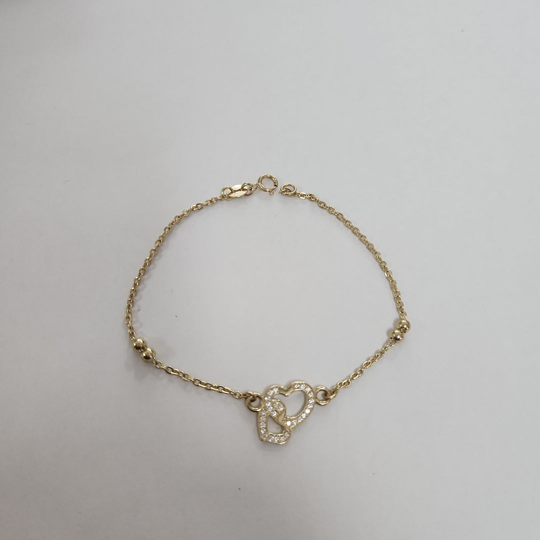PULSERA TEJIDO ESPECIAL CORAZONES CON CIRCONIAS 14K 18 CM 2.4 GR (NUEVO)