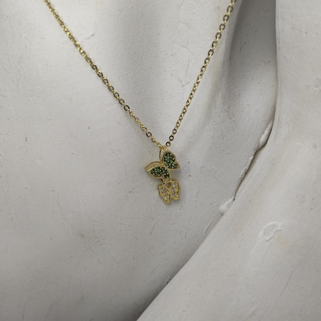 CADENA TEJIDO GARGANTILLA CON DIJE MARIPOSAS CIRCONIAS Y PIEDRAS DE COLOR 14K 45 CM 2 GR (NUEVO)