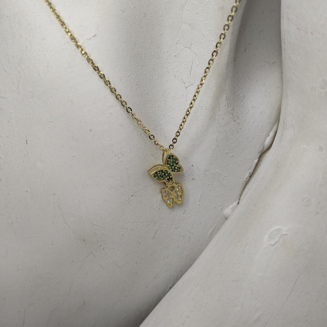 CADENA TEJIDO GARGANTILLA CON DIJE MARIPOSAS CIRCONIAS Y PIEDRAS DE COLOR 14K 45 CM 2 GR (NUEVO)
