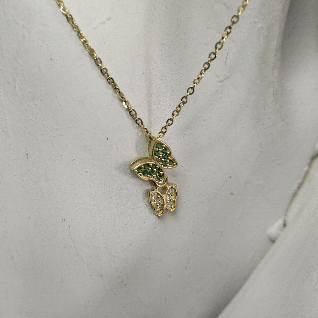 CADENA TEJIDO GARGANTILLA CON DIJE MARIPOSAS CIRCONIAS Y PIEDRAS DE COLOR 14K 45 CM 1.9 GR (NUEVO)