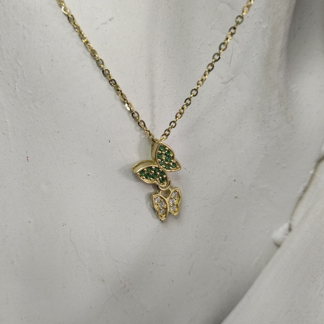 CADENA TEJIDO GARGANTILLA CON DIJE MARIPOSAS CIRCONIAS Y PIEDRAS DE COLOR 14K 45 CM 1.9 GR (NUEVO)