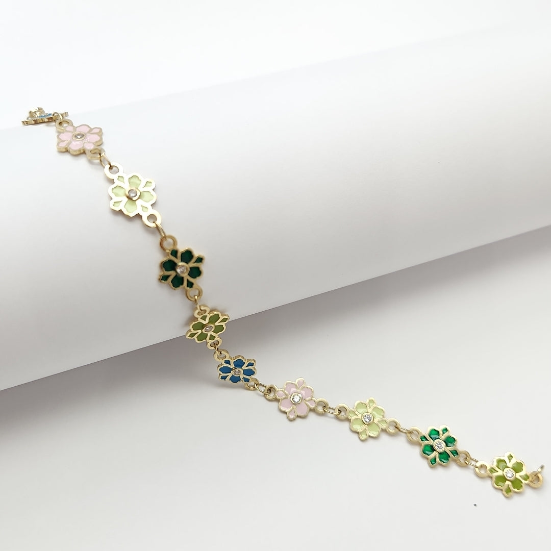 PULSERA ESPECIAL FLORES CON ESMALTE 14K 18 CM 4.6 GR (NUEVO)