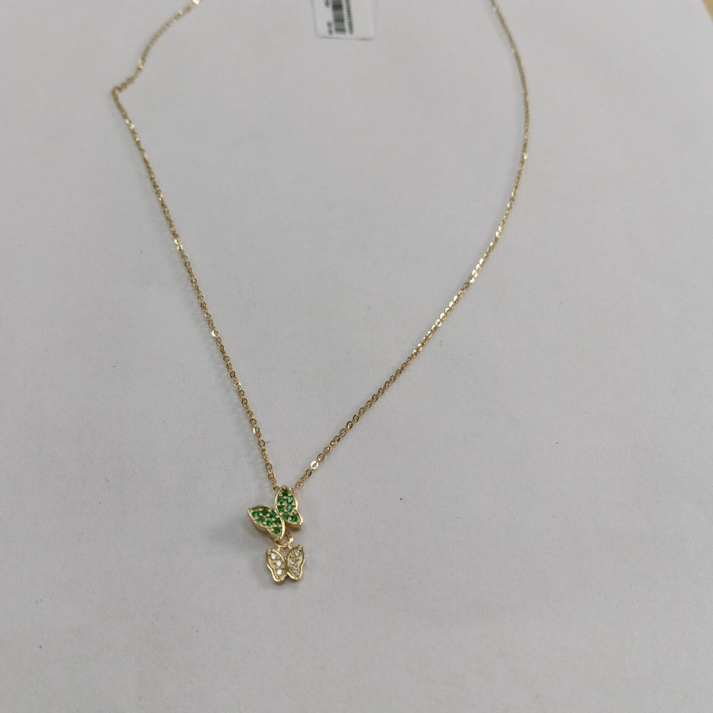 CADENA TEJIDO GARGANTILLA CON DIJE MARIPOSAS CIRCONIAS Y PIEDRAS DE COLOR 14K 45 CM 1.9 GR (NUEVO)