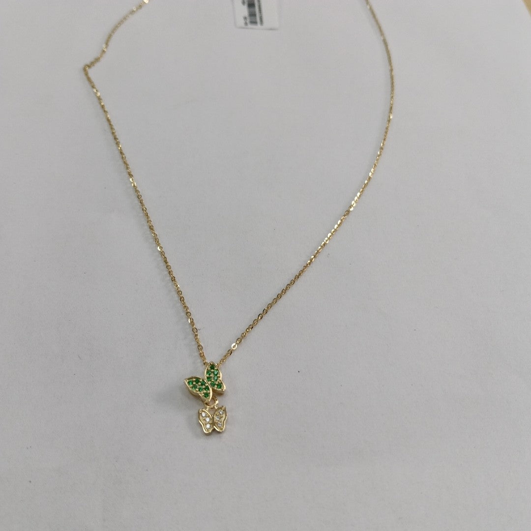 CADENA TEJIDO GARGANTILLA CON DIJE MARIPOSAS CIRCONIAS Y PIEDRAS DE COLOR 14K 45 CM 1.9 GR (NUEVO)