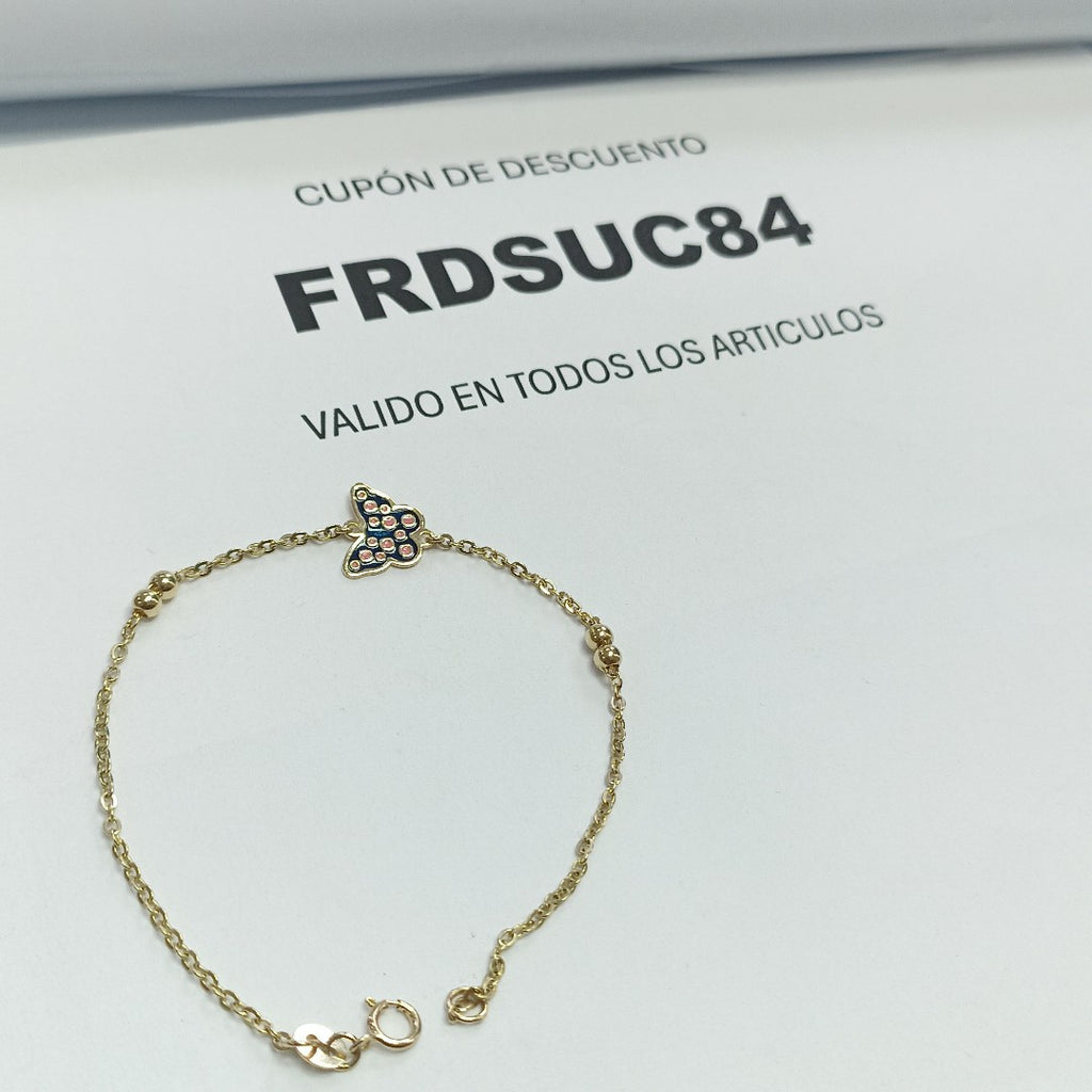 PULSERA TEJIDO ESPECIAL MARIPOSA CON ESMALTE 14K 18 CM 1.8 GR (NUEVO)