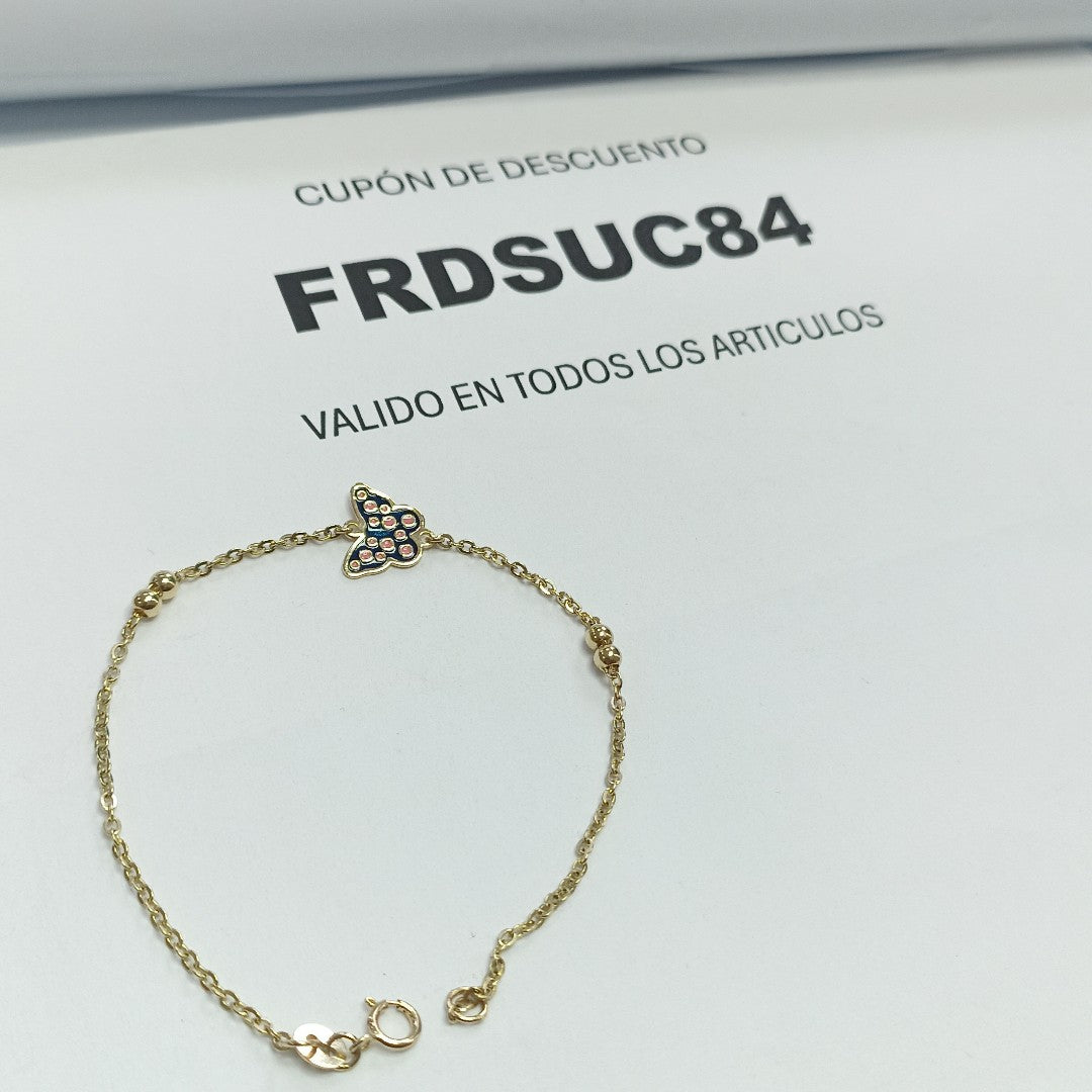 PULSERA TEJIDO ESPECIAL MARIPOSA CON ESMALTE 14K 18 CM 1.8 GR (NUEVO)