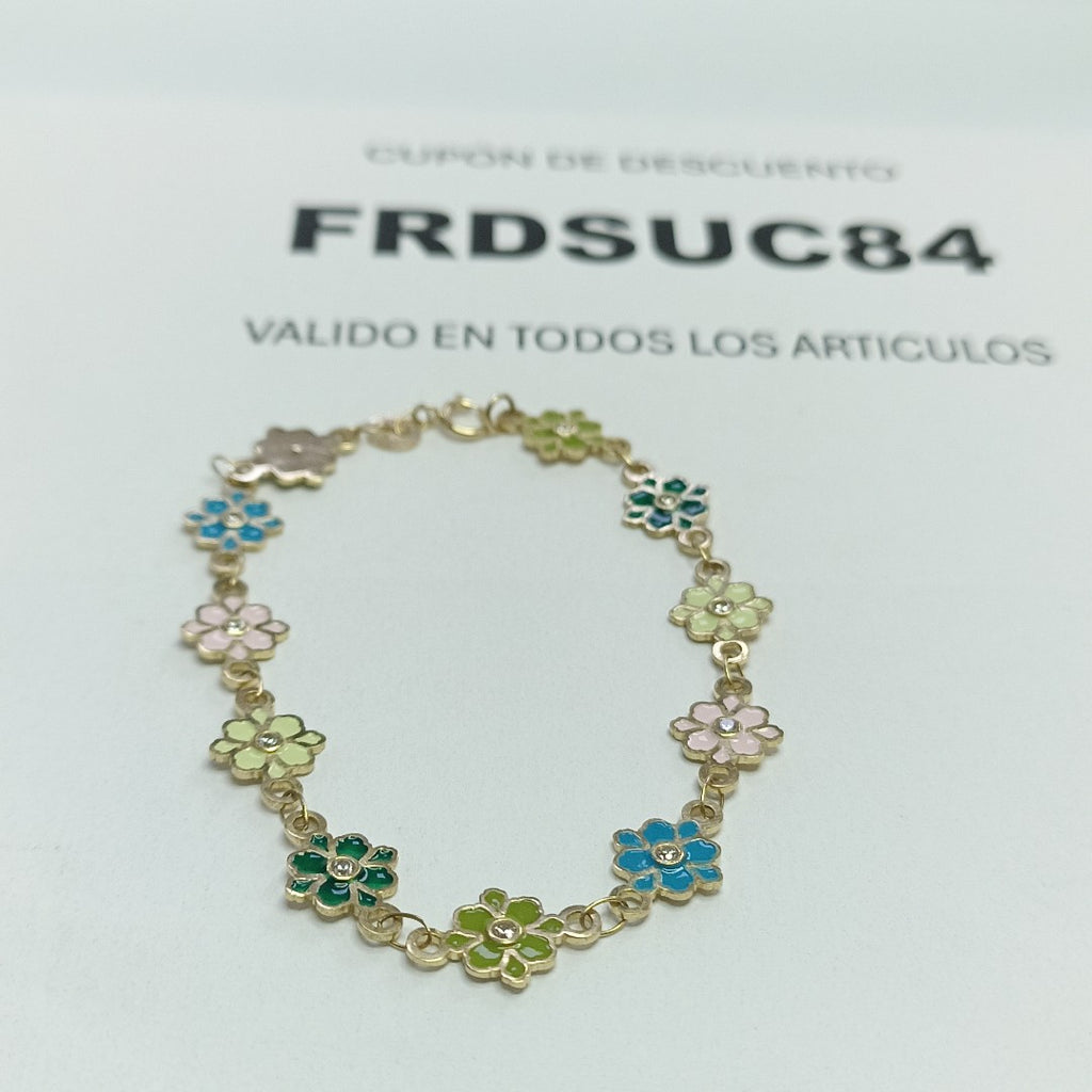 PULSERA ESPECIAL FLORES CON ESMALTE 14K 18 CM 4.6 GR (NUEVO)