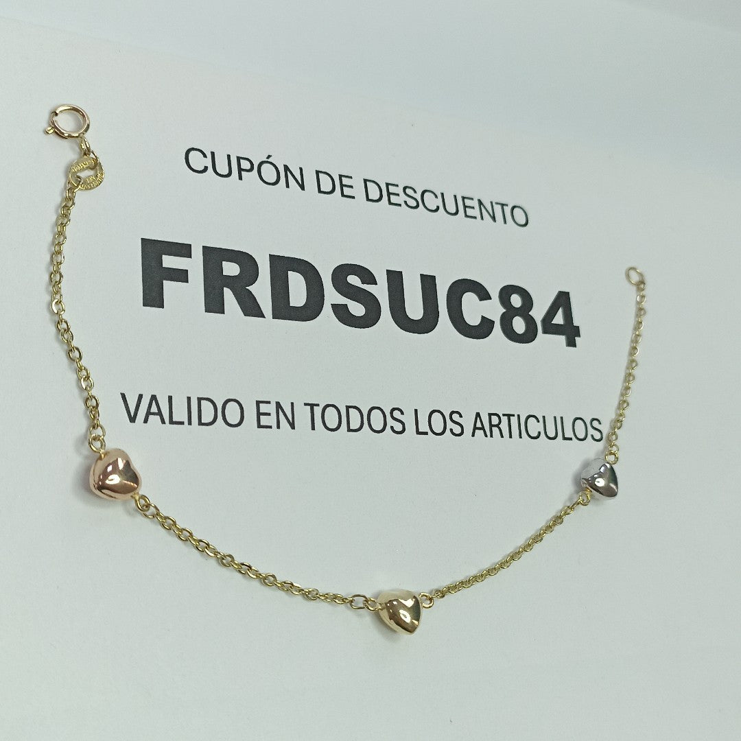 PULSERA ESP CON CORAZONES COMBINADOS 14K 18 CM 1.6 GR (NUEVO)
