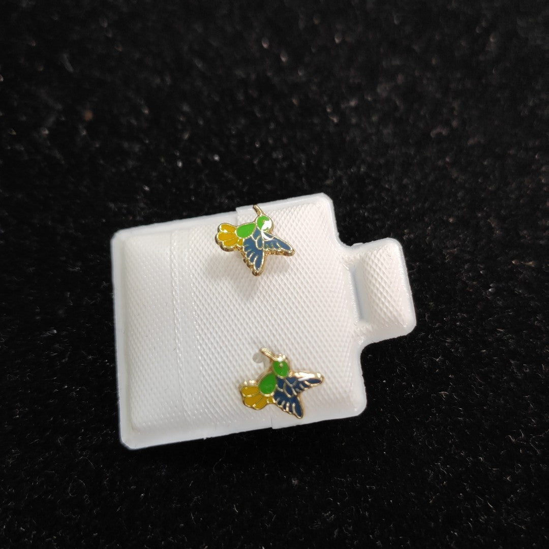 BROQUELES BROQUEL FIG COLIBRI ESMALTE VERDE 14K 0.2138 GR (NUEVO)