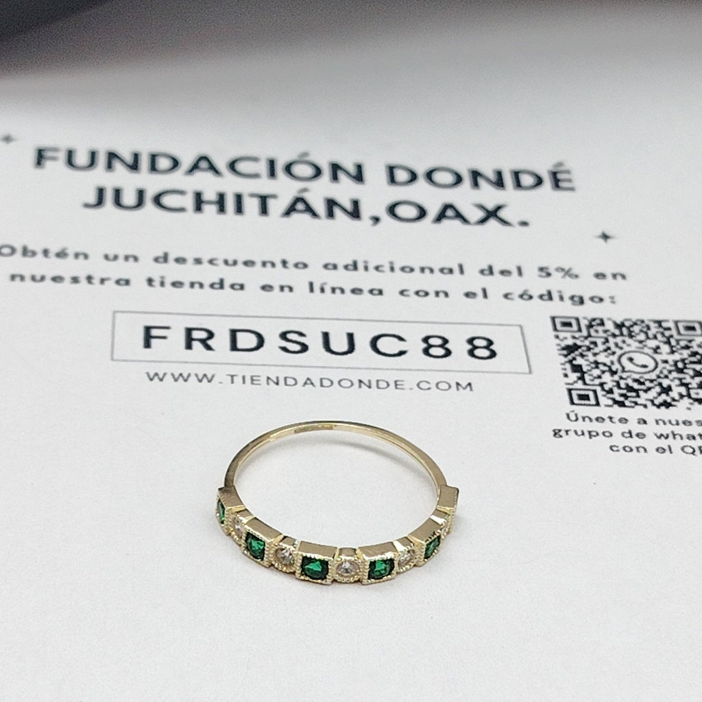 ANILLOS TEJIDO ANILLITO C CIRCONIAS Y PIEDRAS VERDES 14K 8.5 1.5 GR (NUEVO)