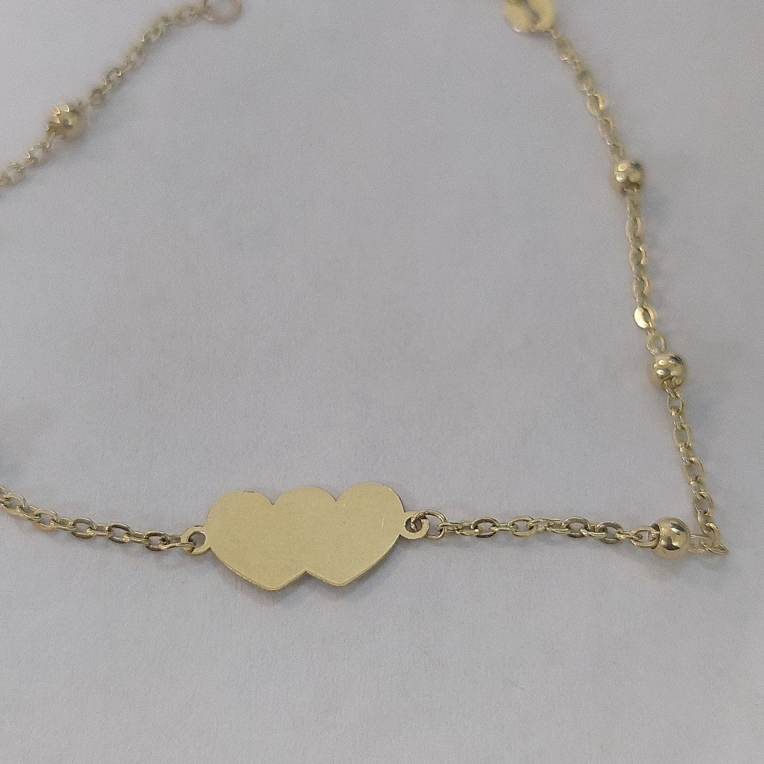 PULSERA TEJIDO ESPECIAL CON DOS CORAZONES 14K 18 CM 1.7 GR (NUEVO)
