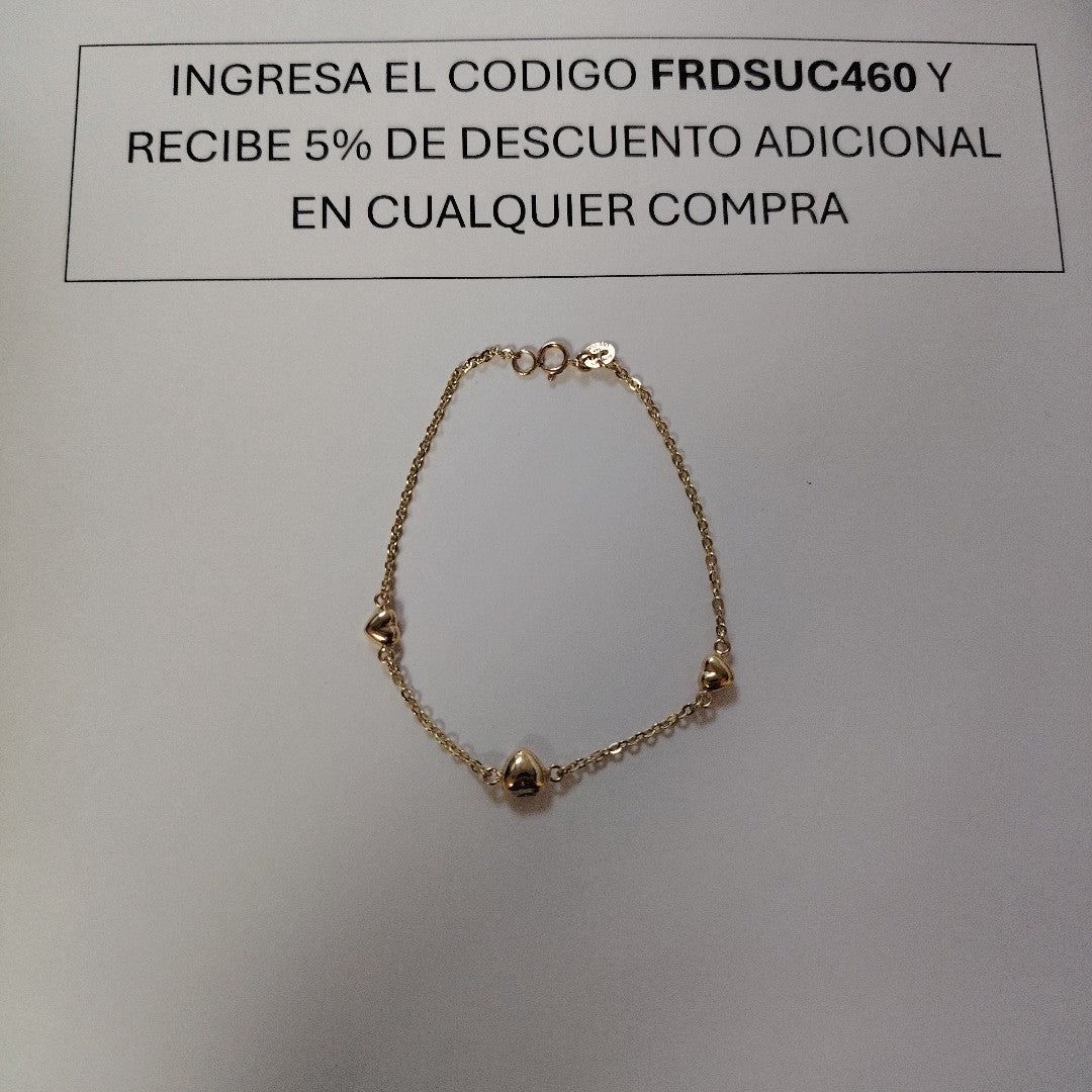 PULSERA TEJIDO ESPECIAL CON CORAZONES 14K 18 CM 1.6 GR (NUEVO)