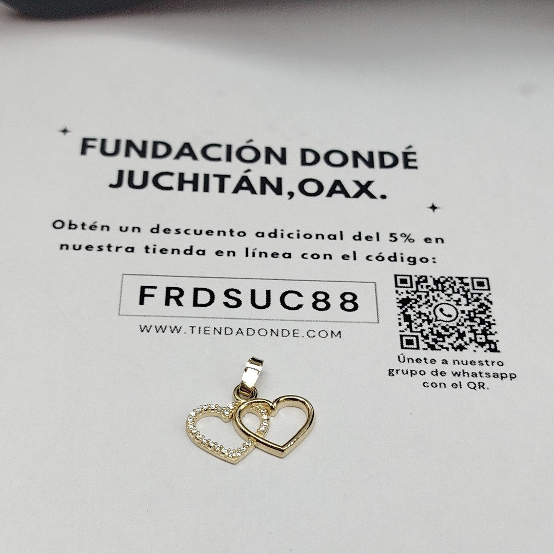 DIJE TEJIDO DOS CORAZONES CON CIRCONIAS 14K 1.4 GR (NUEVO)