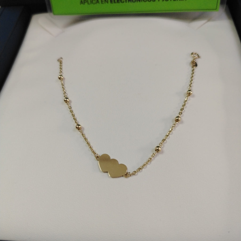 PULSERA TEJIDO ESPECIAL CON DOS CORAZONES 14K 18 CM 1.7 GR (NUEVO)