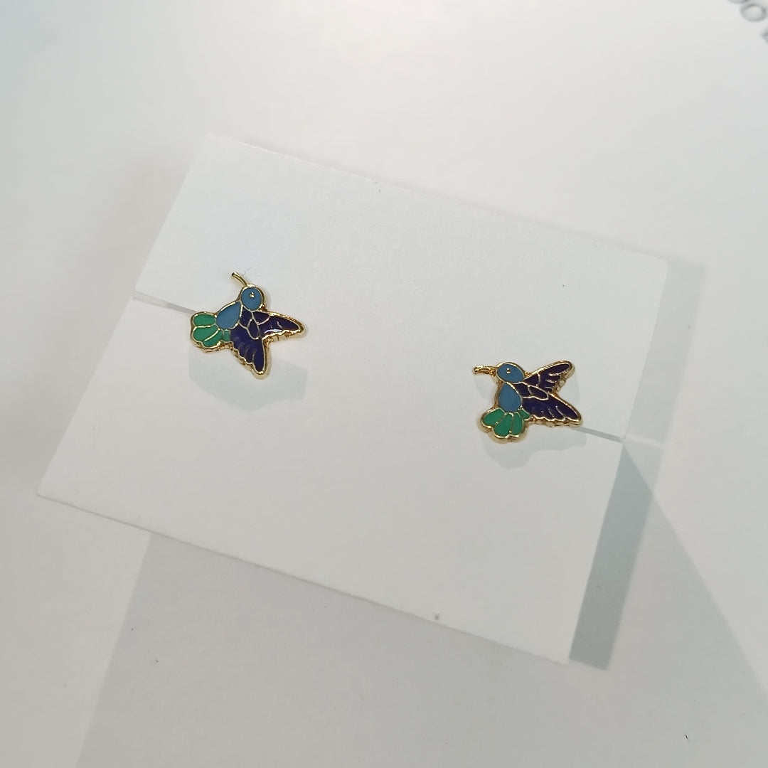 BROQUELES BROQUEL FIG COLIBRI ESMALTE AZUL 14K 0.2138 GR (NUEVO)